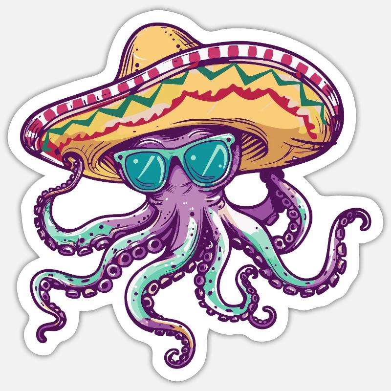 Sombrero drôle de pieuvre - Sticker taille S (10 x 10 cm) - blanc mat