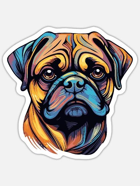 Mops Hund Kopf Bunt - Sticker Größe S (10 x 10 cm) - Mattweiß