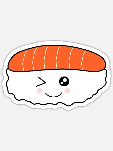 Kawaii Reis Nigiri Lachs Fisch, Reisröllchen - Sticker Größe S (10 x 10 cm) - Mattweiß