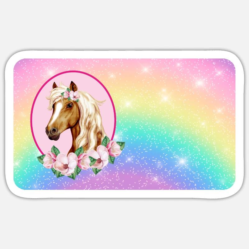 Pferd mit Blumen und Glitter Regenbogen  - Sticker Größe S (10 x 10 cm) - Mattweiß