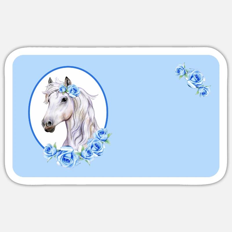 Weißes Pferd - Rosen hellblau | personalisierbar - Sticker Größe S (10 x 10 cm) - Mattweiß