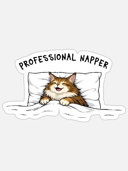 Professional Napper Katze Offizielles Schlafshirt - Sticker Größe S (10 x 10 cm) - Mattweiß