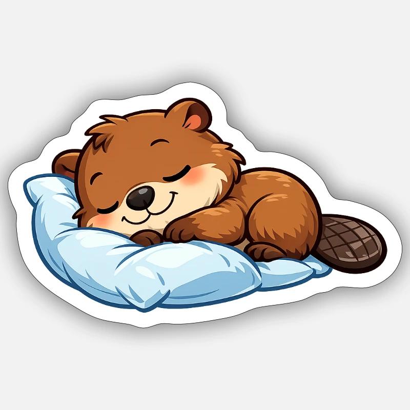 Sleeping Beaver on Blue Pillow Sticker size S (10 x 10 cm)