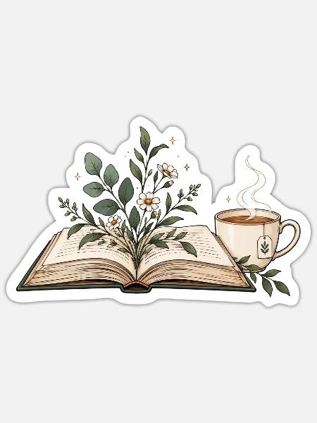 Buch mit Blumen & Teetasse - Sticker Größe S (10 x 10 cm) - Mattweiß