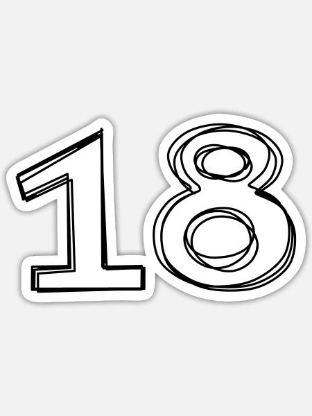 Zahl 18 handgezeichnet - Sticker Größe S (10 x 10 cm) - Mattweiß