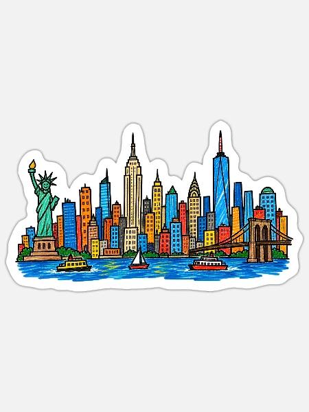 Bunte New York Skyline im Kinder-Kritzelstil - Sticker Größe S (10 x 10 cm) - Mattweiß
