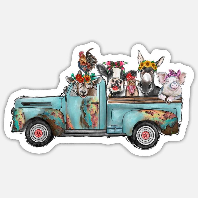 Camion turquoise d’animaux de ferme - Sticker taille S (10 x 10 cm) - blanc mat
