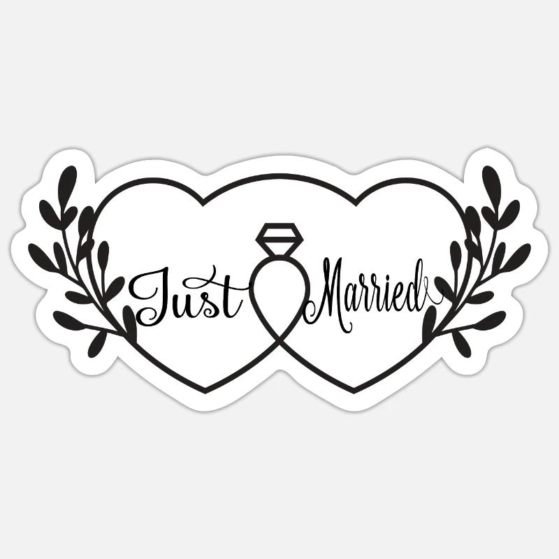 Cœurs entrelacés et bague -  Just Married - Sticker taille S (10 x 10 cm) - blanc mat