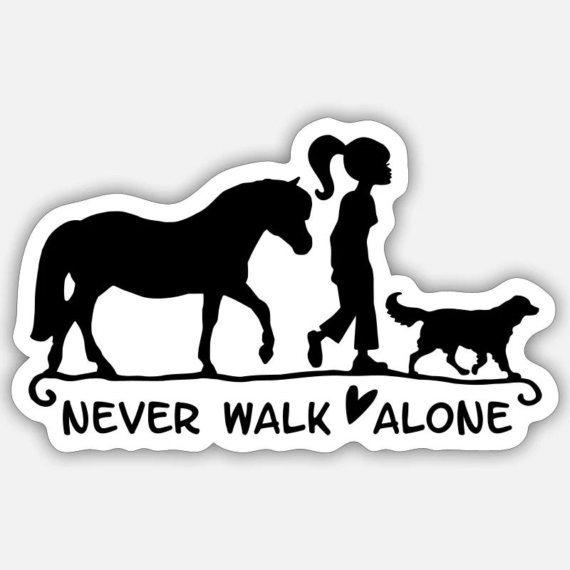 never walk alone - mit Pferd und Hund - Sticker Größe S (10 x 10 cm) - Mattweiß