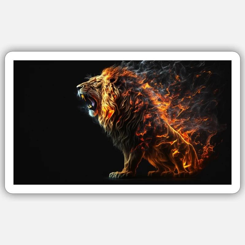 Lion en feu, IA générative - Sticker taille S (10 x 10 cm) - blanc mat