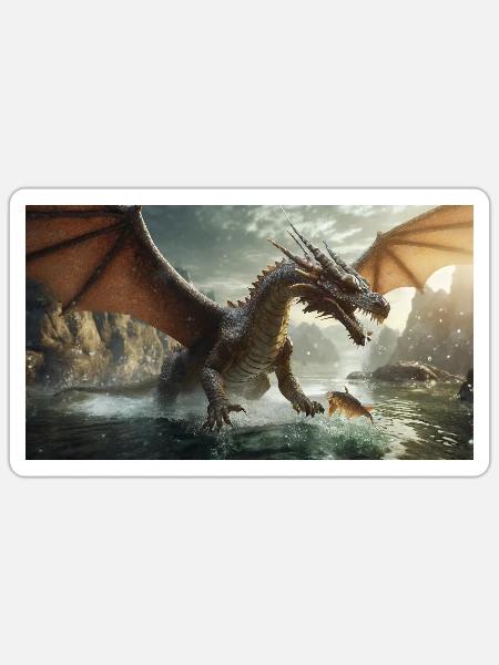 Ein realistischer böser dunkler Drache jagt Fischfluss - Sticker Größe S (10 x 10 cm) - Mattweiß