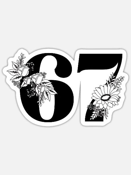 Nummer 67 Schwarze Blumen - 67. Blumengeburtstag - Sticker Größe S (10 x 10 cm) - Mattweiß