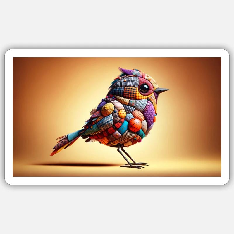 Bunter Patchwork-Vogel auf orangem Hintergrund. Sticker Größe S (10 x 10 cm)