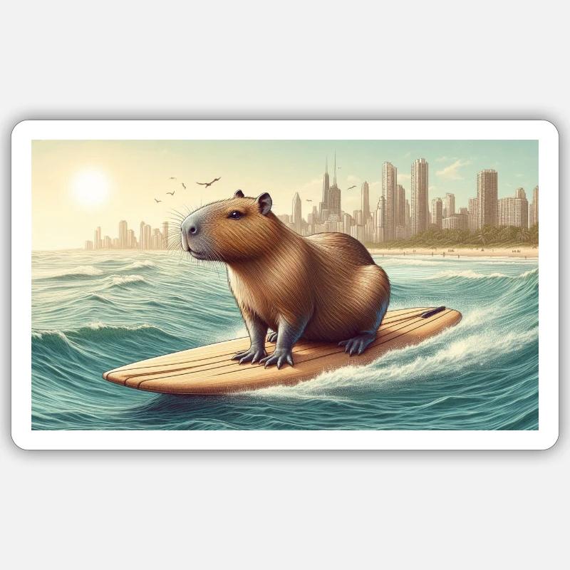 Capybara de surf - Sticker taille S (10 x 10 cm) - blanc mat