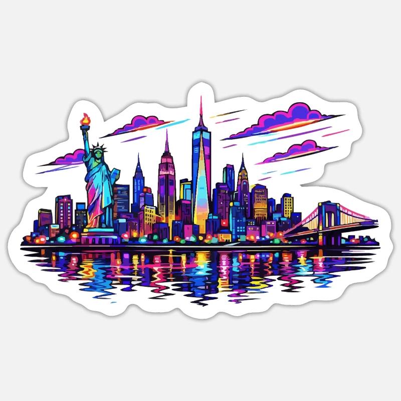 NYC Neon Skyline Reflection - Sticker size S (10 x 10 cm) - white matte