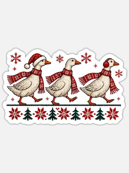 Weihnachtsgänse-festliches Winter-Strickdesign - Sticker Größe S (10 x 10 cm) - Mattweiß