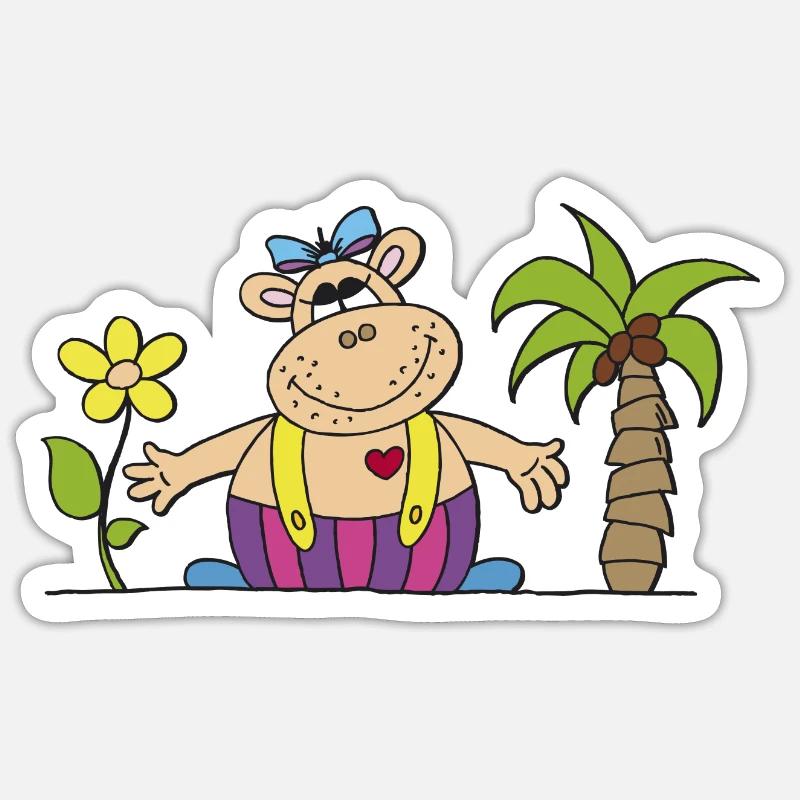 lustiges Nilpferd mit Sonnenblume Flusspferd Hippo Sticker Größe S (10 x 10 cm)
