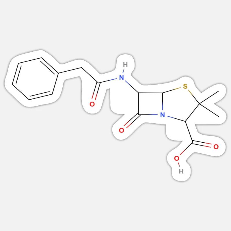 Penicillin Molekül - Farbige Strukturformel - Sticker Größe S (10 x 10 cm) - Mattweiß