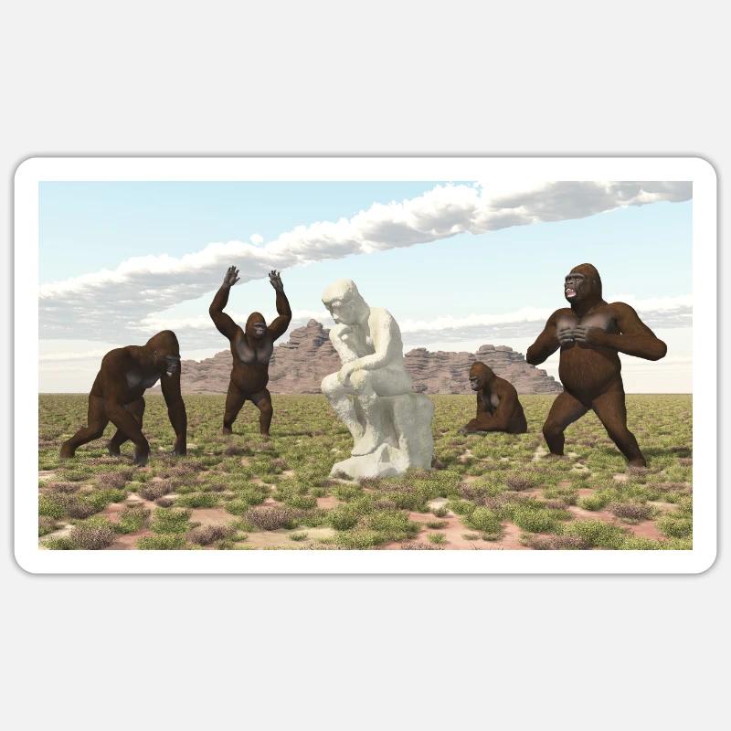 Gorillas with Thinker Sculpture - Sticker size S (10 x 10 cm) - white matte
