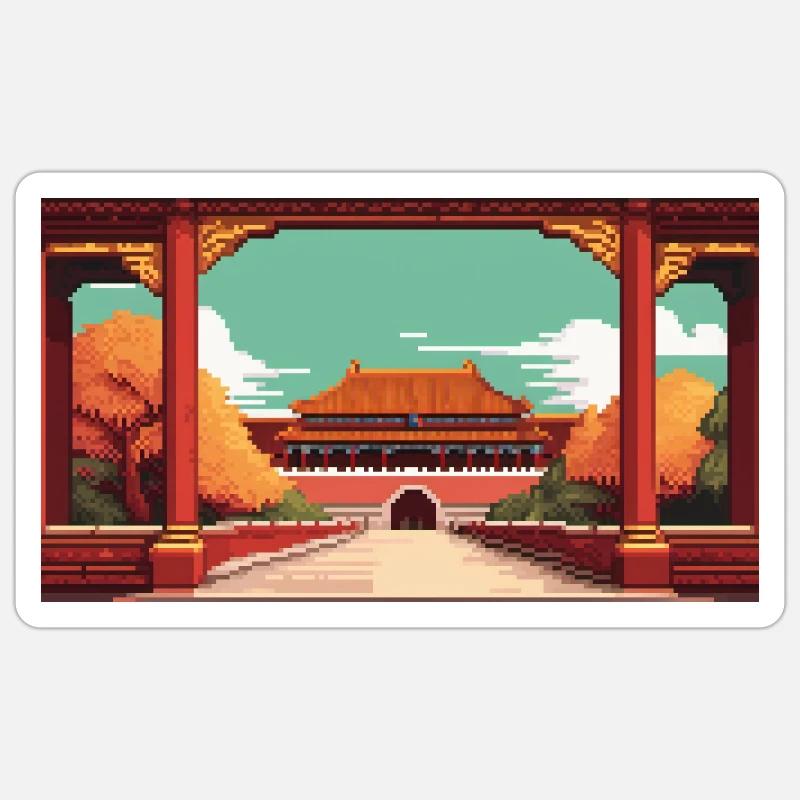La Cité Interdite, Pékin, Chine - Pixel Art - Sticker taille S (10 x 10 cm) - blanc mat