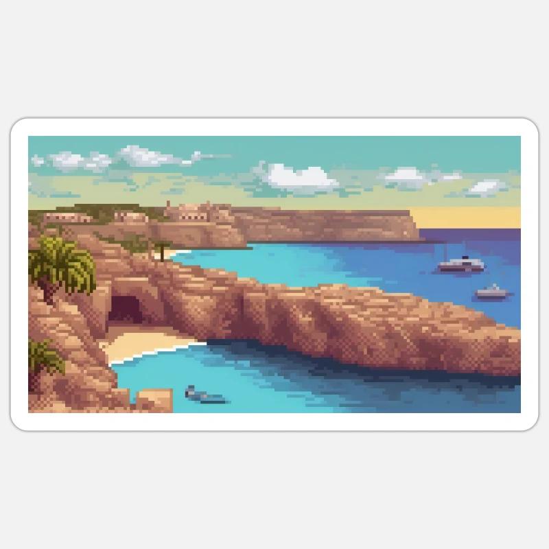 Île de Comino, Malte - Pixel Art - Sticker taille S (10 x 10 cm) - blanc mat