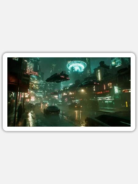 Cyberpunk Stadt - Sticker Größe S (10 x 10 cm) - Mattweiß
