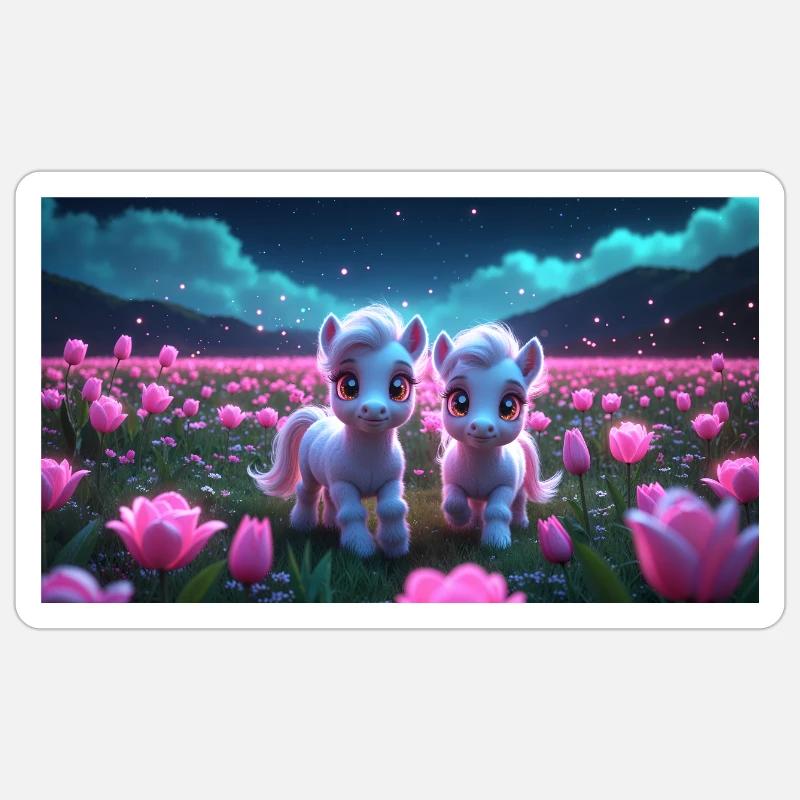 Deux poneys mignons - Sticker taille S (10 x 10 cm) - blanc mat