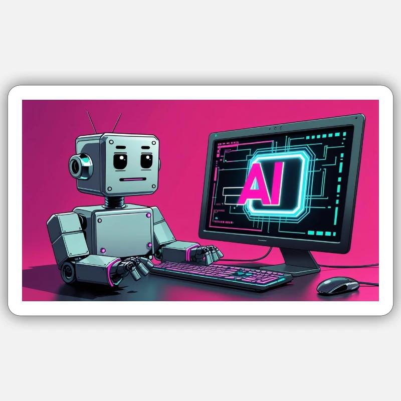 Futuristischer KI-Roboter und Tech-Bildschirm Sticker Größe S (10 x 10 cm)