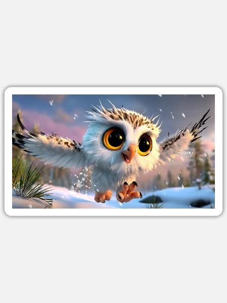 Flauschige Schnee-Eule mit Kulleraugen im Flug - Sticker Größe S (10 x 10 cm) - Mattweiß