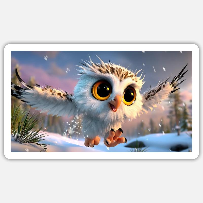 Flauschige Schnee-Eule mit Kulleraugen im Flug Sticker Größe S (10 x 10 cm)