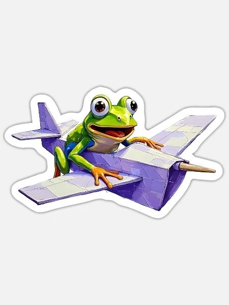 Crazy Frosch-Pilot auf Papierflieger - Sticker Größe S (10 x 10 cm) - Mattweiß