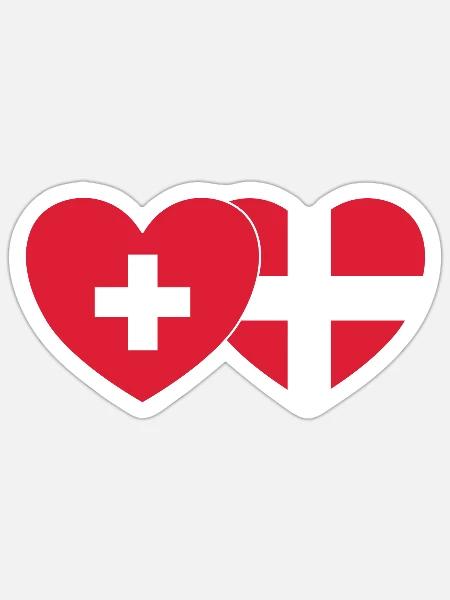 Schweiz Dänemark Flagge Herz - Sticker Größe S (10 x 10 cm) - Mattweiß