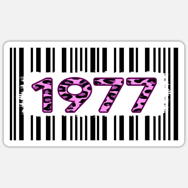 1977 Anniversaire unique rose léopard code-barres Sticker taille S (10 x 10 cm)