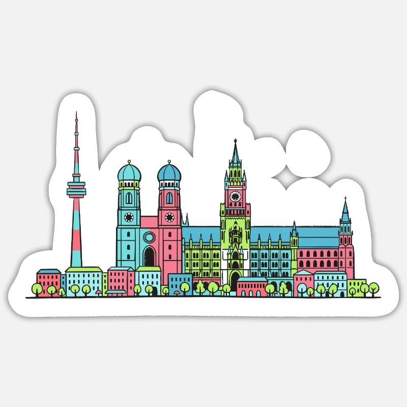 Münchner Stadtskyline Marienplatz Moderne Linienkunst Sticker Größe S (10 x 10 cm)