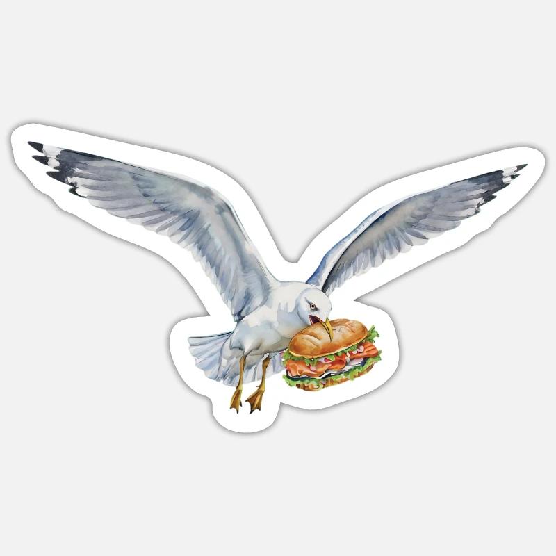 Funny Seagull Steals Fish Rolls Beach Sticker size S (10 x 10 cm)