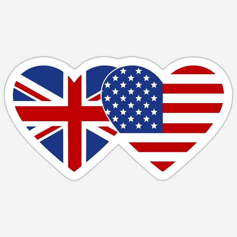 Royaume-Uni États-Unis Drapeau Coeur - Sticker taille S (10 x 10 cm) - blanc mat