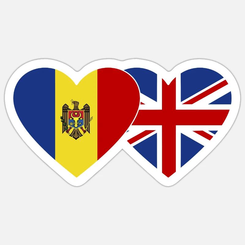 Moldavie Angleterre Drapeau Coeur - Sticker taille S (10 x 10 cm) - blanc mat