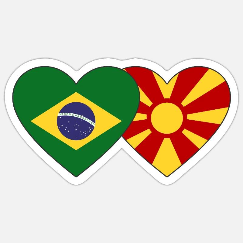 Brésil Macédoine Drapeau Coeur - Sticker taille S (10 x 10 cm) - blanc mat