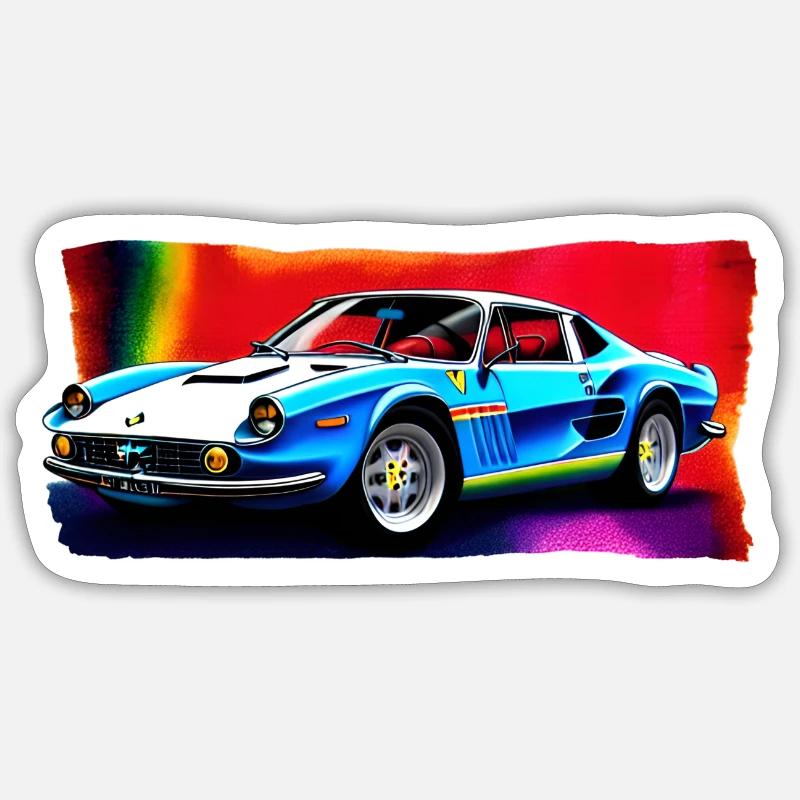 Retro Car on Rainbow Background - Sticker Größe S (10 x 10 cm) - Mattweiß