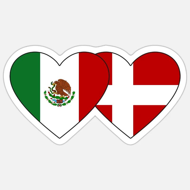 Mexique Danemark Flag Coeur - Sticker taille S (10 x 10 cm) - blanc mat
