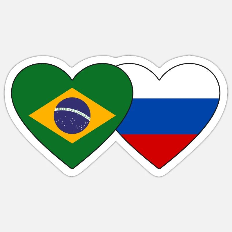Brésil Russie Flag Coeur - Sticker taille S (10 x 10 cm) - blanc mat