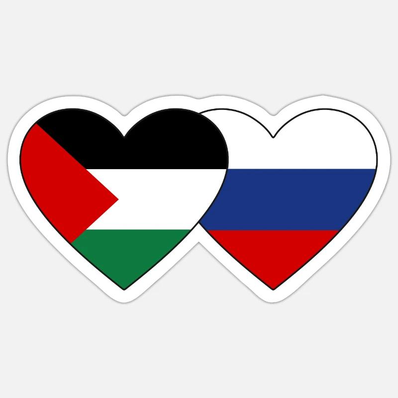 Palestine Russie drapeau coeur - Sticker taille S (10 x 10 cm) - blanc mat