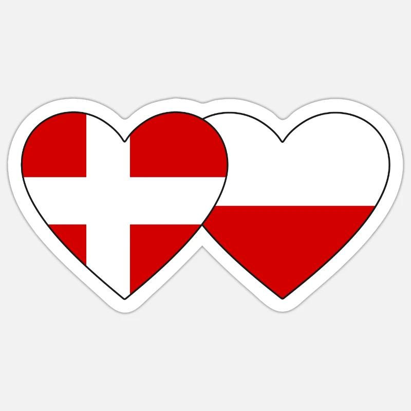 Danemark Pologne Drapeau Coeur - Sticker taille S (10 x 10 cm) - blanc mat