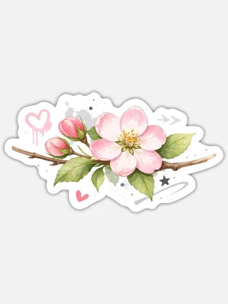 Apfelblüten Zweig mit Graffiti Akzenten   - Sticker Größe S (10 x 10 cm) - Mattweiß