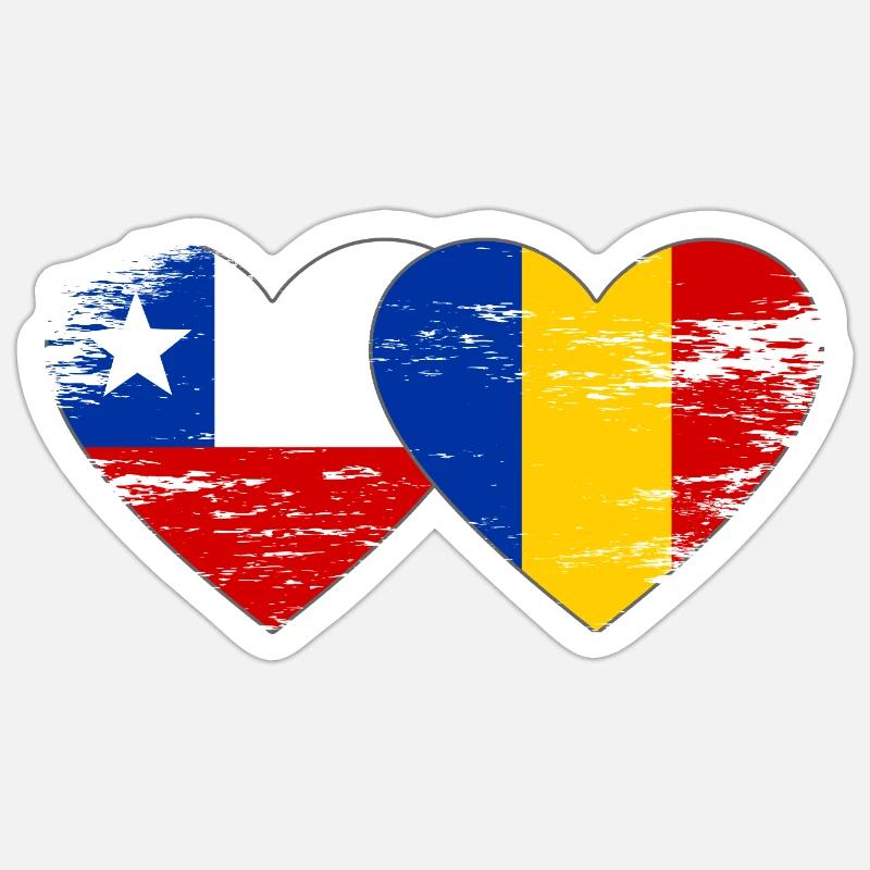 Cœur du drapeau Chili-Roumanie utilisé - Sticker taille S (10 x 10 cm) - blanc mat