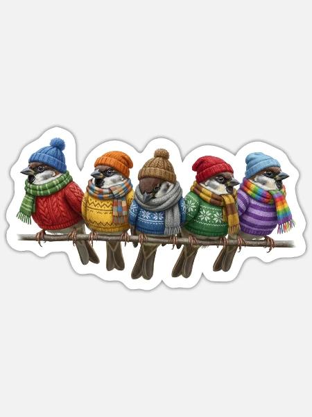 Spatzen in Strickpullovern Winter Weihnachten - Sticker Größe S (10 x 10 cm) - Mattweiß