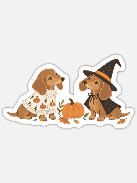 Halloween Dachshund Besties - Sticker Größe S (10 x 10 cm) - Mattweiß