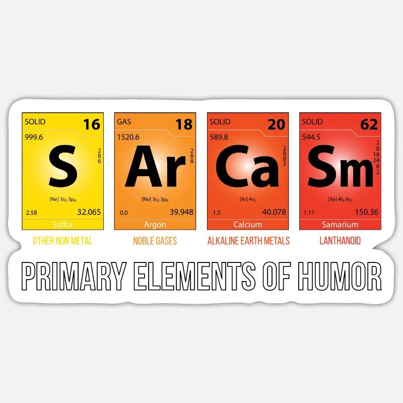 Mendeleev’s SArCaSm - Principaux éléments de l’humour - Sticker taille S (10 x 10 cm) - blanc mat
