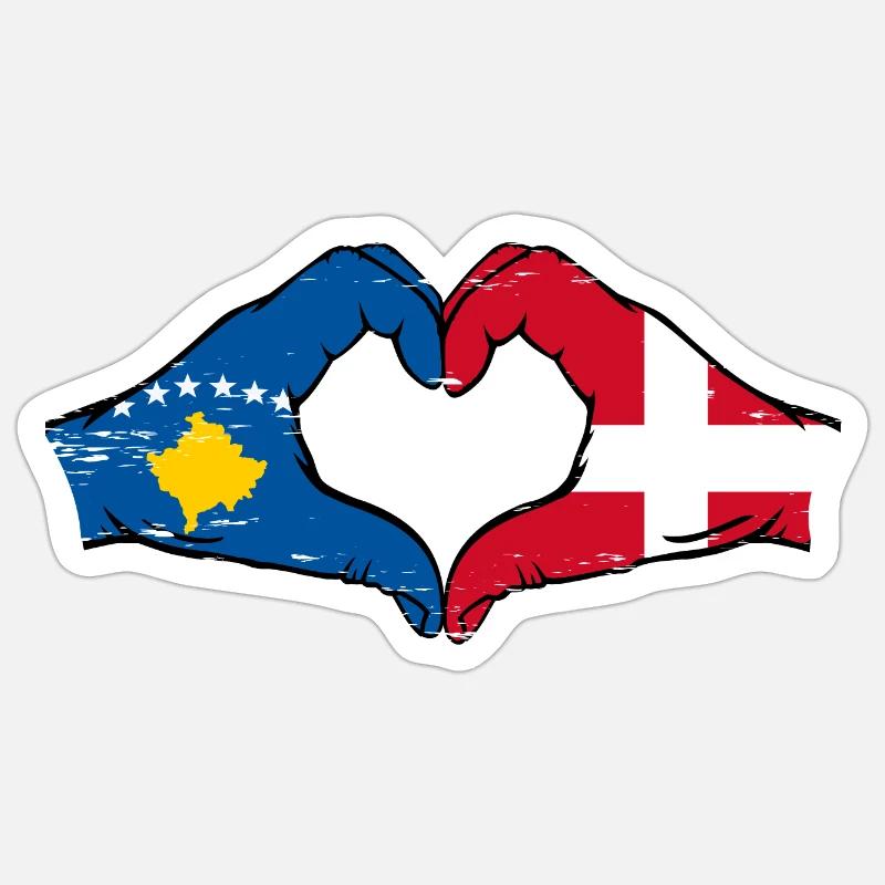 Kosovo Danmark flag hænder hjerte form brugt - Sticker størrelse S (10 x 10 cm) - mat hvid