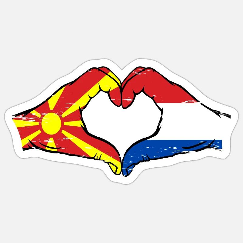 Macédoine Hollande drapeau mains forme de coeur utilisé Sticker taille S (10 x 10 cm)